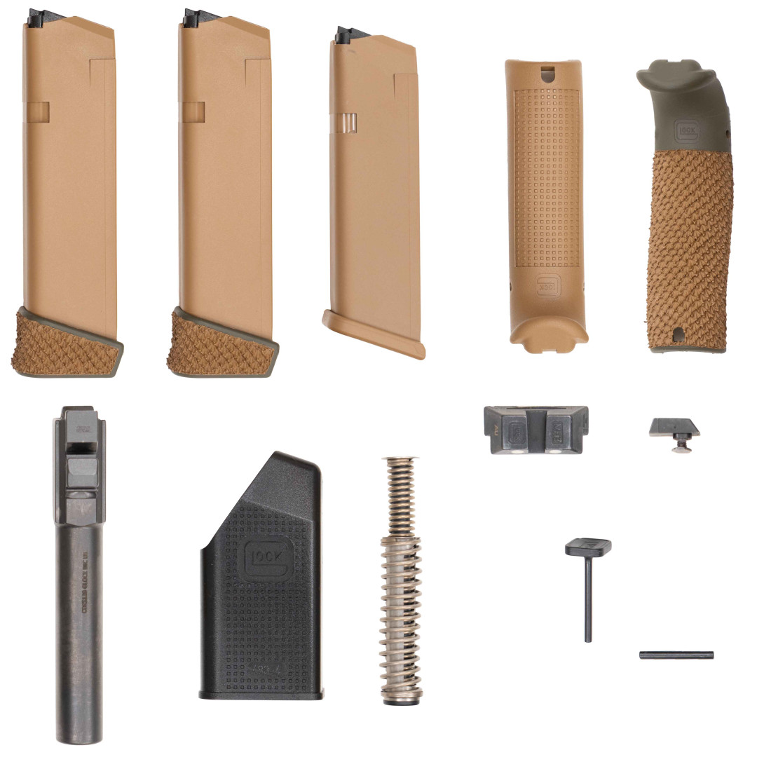 PISTOLET SAMOPOWTARZALNY W ZESTAWIE Z DODATKOWĄ LUFĄ Z KOMORĄ NABOJOWĄ BEZ GWINTU ZEWNĘTRZNEGO AGENCY ARMS SAGE GLOCK 19X OD GREEN; KAL.: 9 x 19 mm