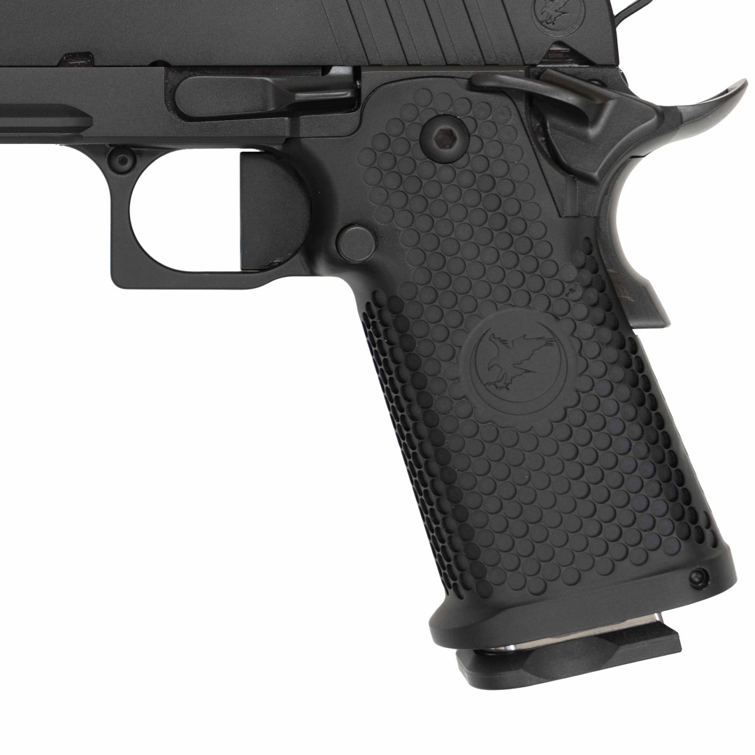 PISTOLET SAMOPOWTARZALNY NIGHTHAWK FIRE HAWK DS, AMBI SAFETY, FULLY MACHINED TOOL STEEL SIGHT UPGRADE - IOS BASE PLATE, NOVAK SIGHT CUT, BLACK OUT, GOLD FLUTED BARREL, KAL.: 9 x 19 mm