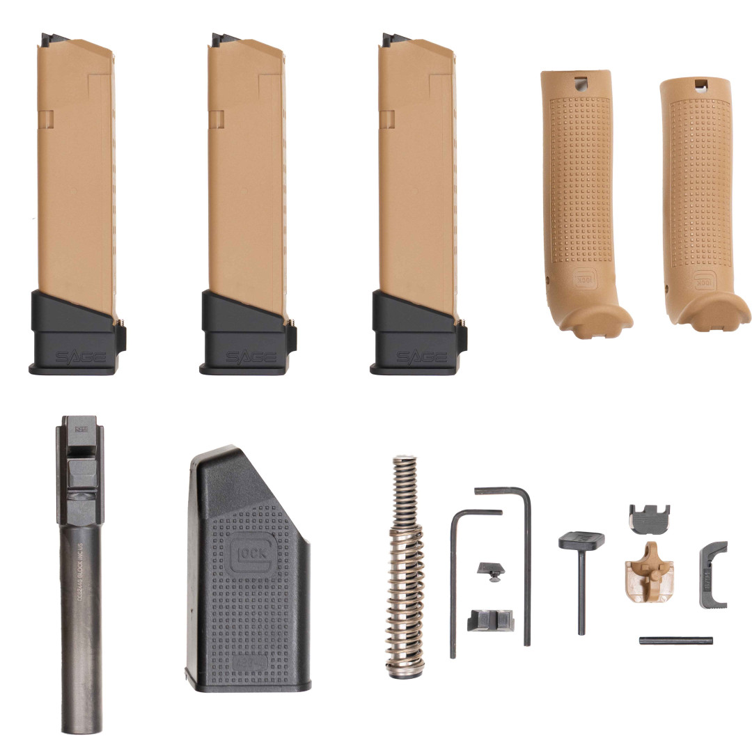 PISTOLET SAMOPOWTARZALNY AGENCY ARMS W ZESTAWIE Z DODATKOWĄ LUFĄ Z KOMORĄ NABOJOWĄ BEZ GWINTU ZEWNĘTRZNEGO GLOCK 19X SAGE FDE PVD LIMITED EDITION; KAL.: 9 x 19 mm