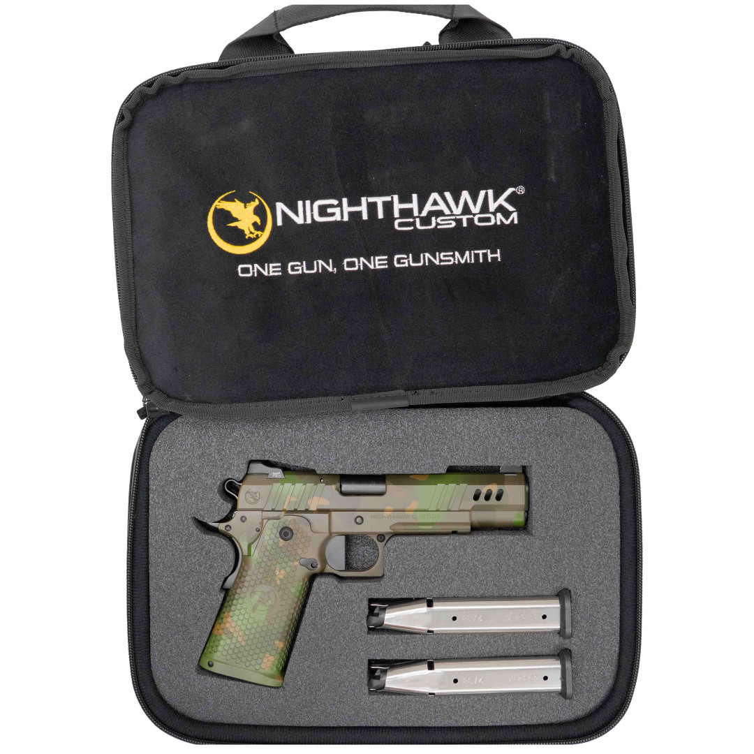 PISTOLET SAMOPOWTARZALNY NIGHTHAWK PRESIDENT DS BOARDROOM SERIES - IOS STANDARD REAR SIGHT & FRONT SIGHT, HILLBILLY 223 CUSTOM CERAKOTE GREEN MULTI CAM, KAL.: 9 x 19 mm