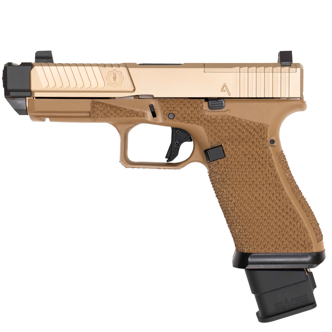 PISTOLET SAMOPOWTARZALNY AGENCY ARMS W ZESTAWIE Z DODATKOWĄ LUFĄ Z KOMORĄ NABOJOWĄ BEZ GWINTU ZEWNĘTRZNEGO GLOCK 19X SAGE FDE PVD LIMITED EDITION; KAL.: 9 x 19 mm
