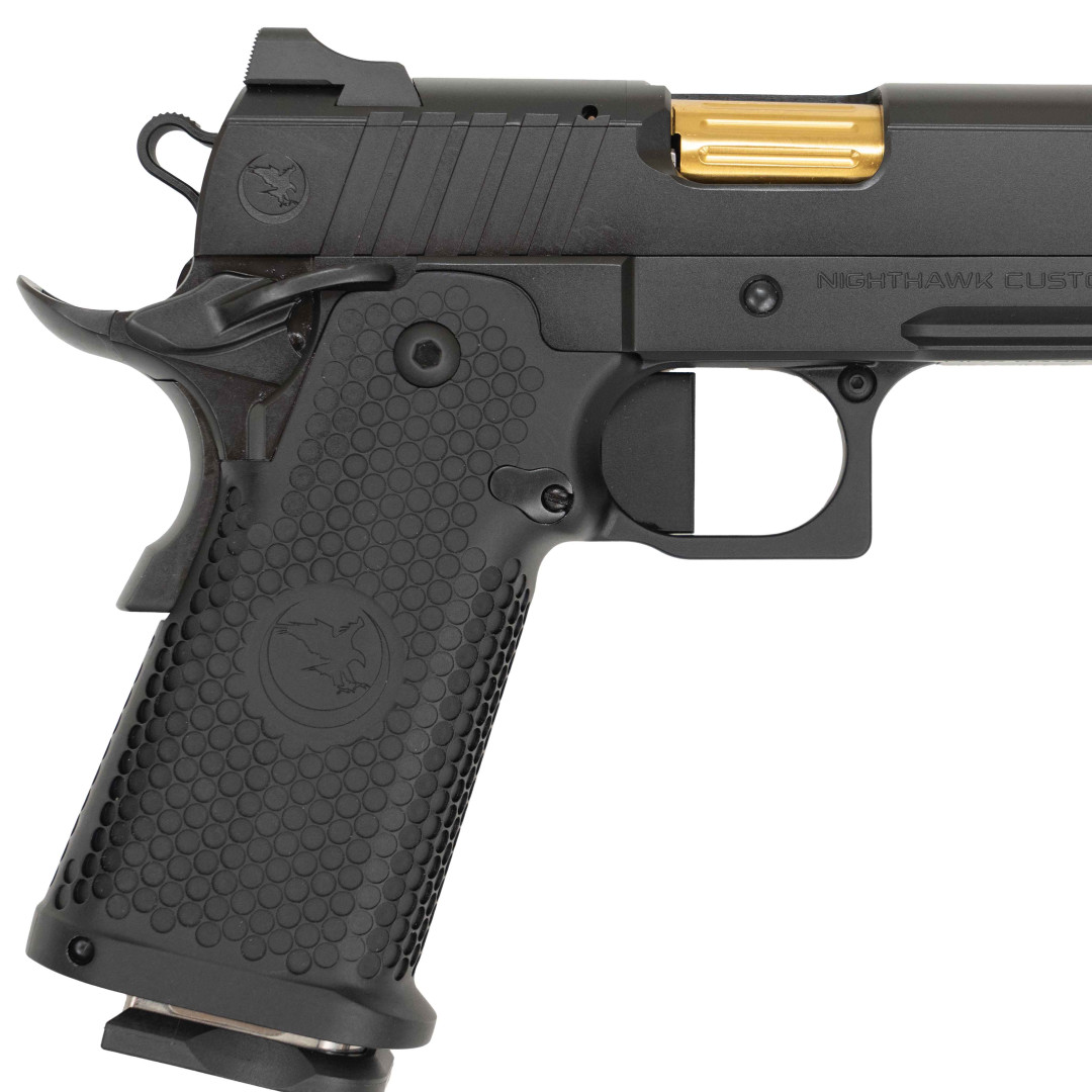 PISTOLET SAMOPOWTARZALNY NIGHTHAWK FIRE HAWK DS, AMBI SAFETY, FULLY MACHINED TOOL STEEL SIGHT UPGRADE - IOS BASE PLATE, NOVAK SIGHT CUT, BLACK OUT, GOLD FLUTED BARREL, KAL.: 9 x 19 mm