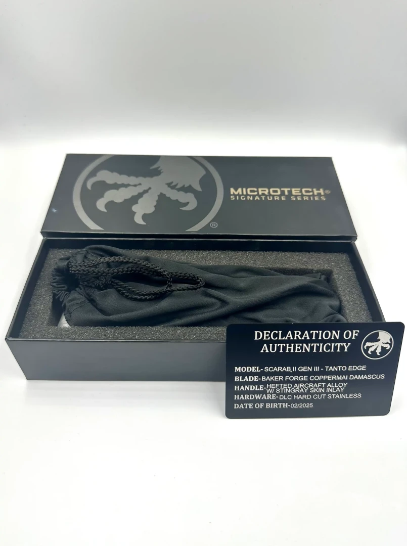 NÓŻ MICROTECH SCARAB® II GEN III - TANTO EDGE MARFIONE SELECT BAKER FORGE COPPERMAI DAMASCUS HEFTED ALLOY W/ STINGRAY INLAY DLC HARD CUT STAINLESS