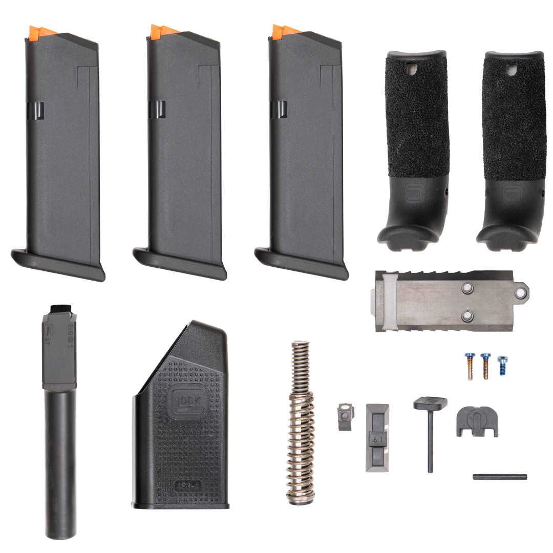PISTOLET SAMOPOWTARZALNY W ZESTAWIE Z DODATKOWĄ LUFĄ Z KOMORĄ NABOJOWĄ BEZ GWINTU ZEWNĘTRZNEGO AGENCY ARMS GLOCK 45 GEN.5, FULL BUILD IN BLK, KAL.: 9 x 19 mm
