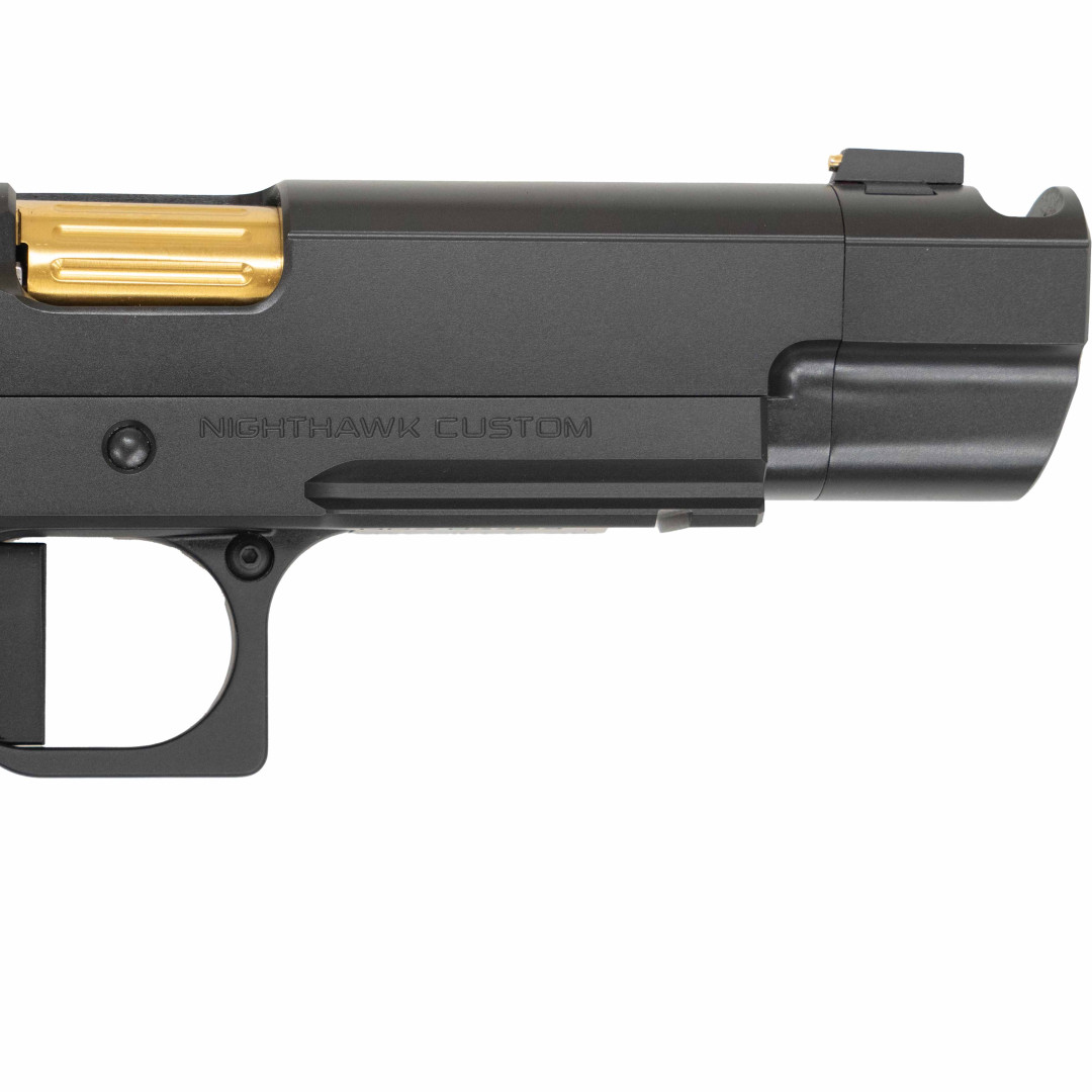 PISTOLET SAMOPOWTARZALNY NIGHTHAWK FIRE HAWK DS, AMBI SAFETY, FULLY MACHINED TOOL STEEL SIGHT UPGRADE - IOS BASE PLATE, NOVAK SIGHT CUT, BLACK OUT, GOLD FLUTED BARREL, KAL.: 9 x 19 mm