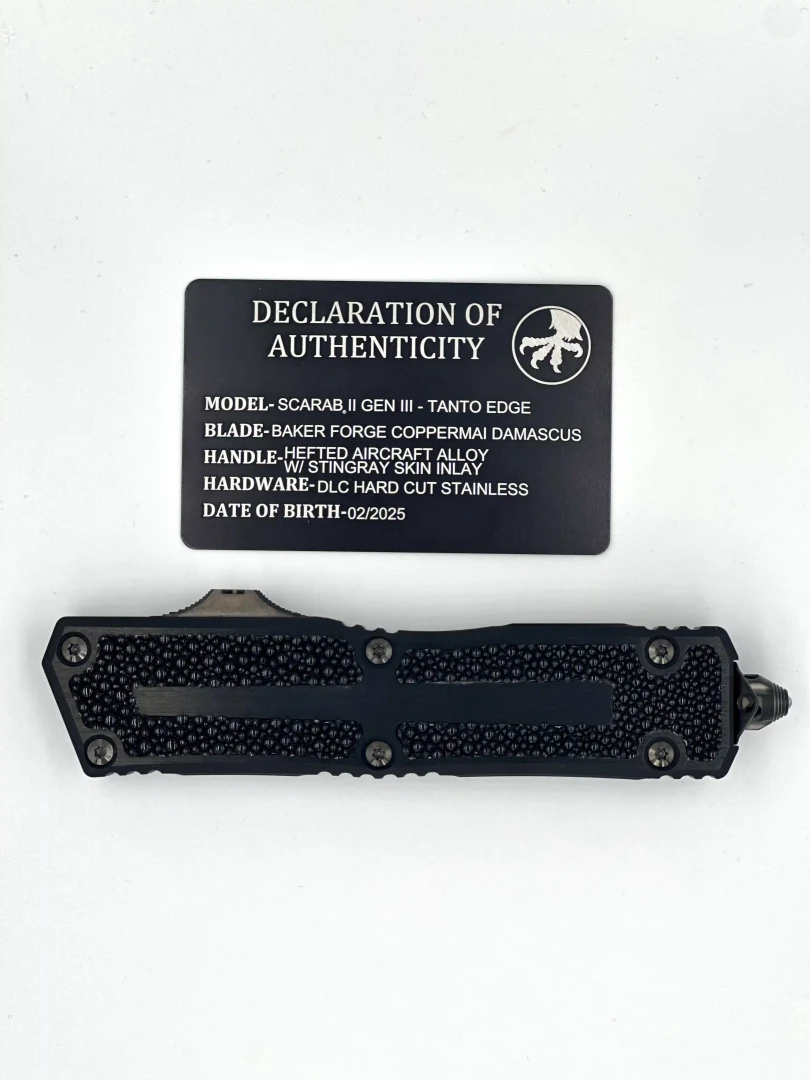 NÓŻ MICROTECH SCARAB® II GEN III - TANTO EDGE MARFIONE SELECT BAKER FORGE COPPERMAI DAMASCUS HEFTED ALLOY W/ STINGRAY INLAY DLC HARD CUT STAINLESS
